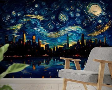 The Starry Night in New York - Vincent Van Gogh - Skyline Schilderij van AiArtLand