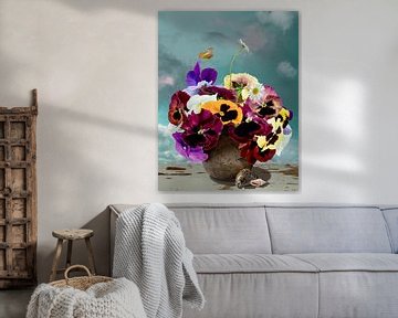 Colourful pansies in a glass vase by Willy Sengers