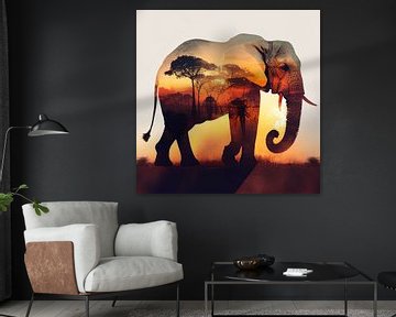 Elephant at sunset on African savannah by Jan Bechtum