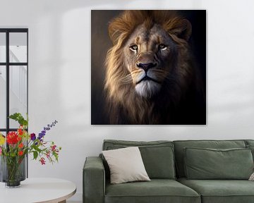 Lion portrait with dark background by Harvey Hicks