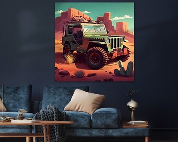 Groene jeep in cartoon stijl van Harvey Hicks