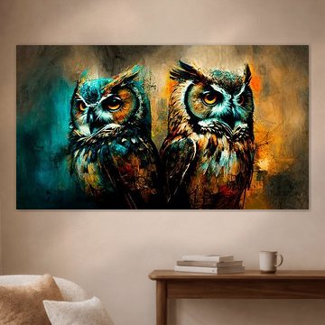 De 2 Uilen | Schilderij Uilen | Dieren Schilderij van AiArtLand