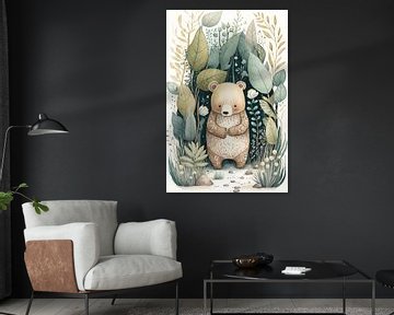 Tropische illustratie met beer van Maaike de Vries