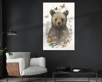 Illustratie van een beer omringd met vlinders van Maaike de Vries