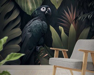 Zwarte papegaai in de tropische jungle van Floral Abstractions