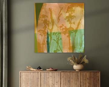 Abstract botanical art in retro style and pastel colors. Plants and flowers in brown and green by Dina Dankers