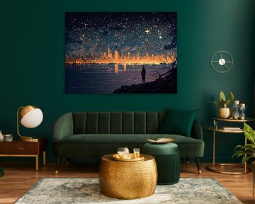 New York Skyline | The Starry Night | Panoramic Painting by AiArtLand