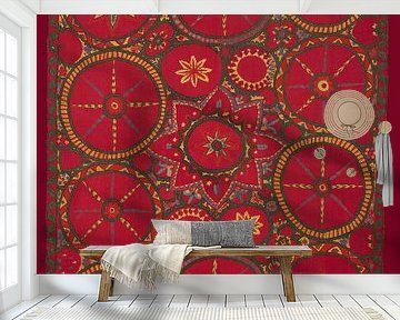 Vintage rood, groen, geel suzani tapijt. Geborduurd textiel. Aziatische kunst. van Dina Dankers