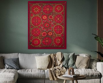 Vintage rood, groen, geel suzani tapijt. Geborduurd textiel. Aziatische kunst.