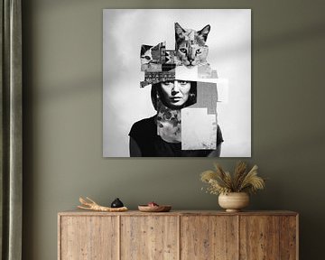 Frau und Katze Collage schwarz und weiß von Vlindertuin Art