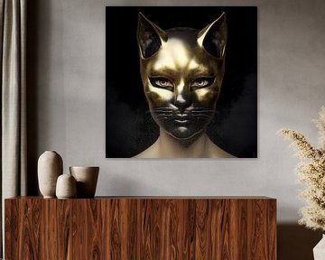 Vrouwenportret  gouden kattenmasker van Vlindertuin Art