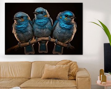 3 birds on a branch with black background by Digitale Schilderijen