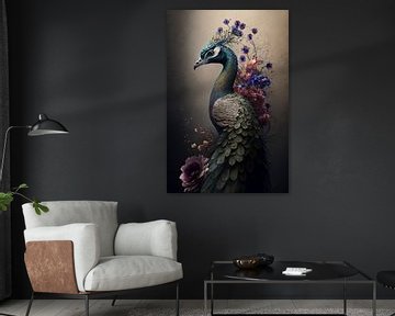 Portrait of a peacock with flowers by Digitale Schilderijen