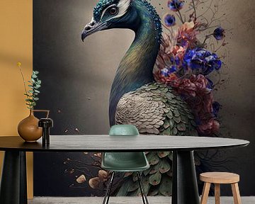 Portret van een pauw met bloemen van Digitale Schilderijen