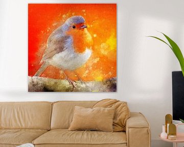 Rotkehlchen vor orangefarbenem Hintergrund (Kunst, quadratisch) von Art by Jeronimo