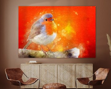 Robins against an orange background (art, painting) by Art by Jeronimo