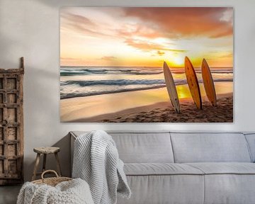 Surfboarding in the beach sand at sunset by Vlindertuin Art