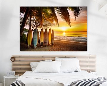 Surfboards in het strandzand bij ondergaande zon van Vlindertuin Art