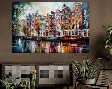 Amsterdam schilderij grachtenpanden sur Tableaux ARTEO