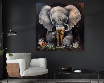 Olifant met Biertje Schilderij | Grappig Schilderij | Humor van AiArtLand