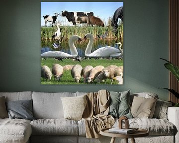 Dutch animals along the side of a ditch with reeds. by Andre Wilkens