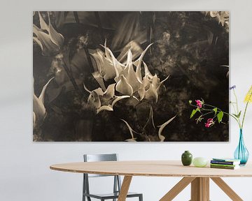 Modern botanical semi abstract tulips in beige and brown by Dina Dankers