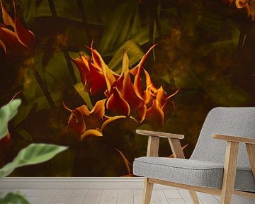 Moderne botanische halb abstrakte Tulpen in Orange, Gelb auf rostigem Braun und Grün von Dina Dankers