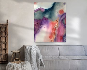 Modern abstract aquarel in oranje, paars en groen van Studio Allee