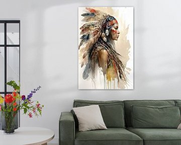 Boho stijl indiaanse traditionele vrouw met waterverf van Digitale Schilderijen
