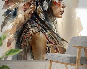 Boho stijl indiaanse traditionele vrouw met waterverf van Digitale Schilderijen