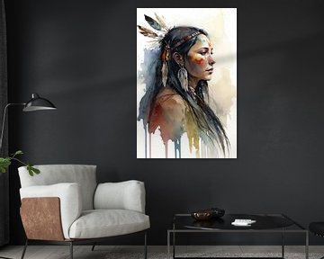 Femme indienne traditionnelle avec aquarelle en style boho sur Digitale Schilderijen