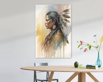 Waterverf schilderij traditionele indiaanse vrouw van Digitale Schilderijen