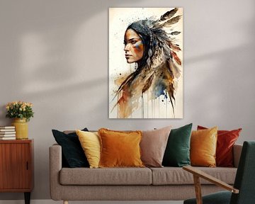 Waterverf schilderij traditionele indiaanse vrouw met veel kleur van Digitale Schilderijen