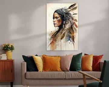Waterverf schilderij traditionele indiaanse vrouw met veel kleur van Digitale Schilderijen