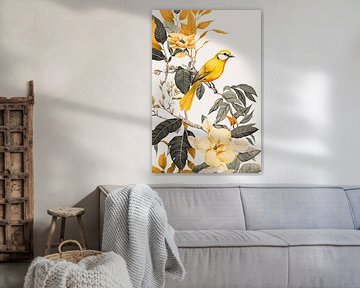 Oranje gele bloemen en vogels van Digitale Schilderijen