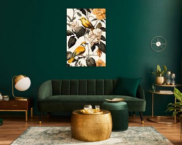 Orange yellow flowers and birds print by Digitale Schilderijen