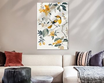 Oranje gele bloemen en vogel op witte achtergrond van Digitale Schilderijen