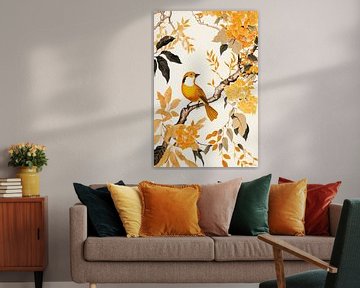 Orangefarbene Blumen und Vögel von Digitale Schilderijen