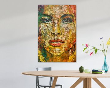 Portret vrouw groen geel rood modern schilderij van Anja Namink