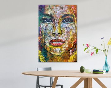 Portrait woman green yellow red by Anja Namink - Paintings