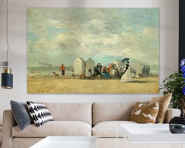 Scène de plage par Eugène Boudin. Paysage marin rétro en bleu et beige sur Dina Dankers