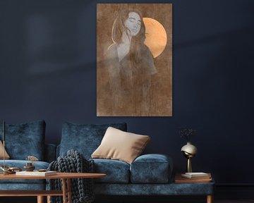Nachtstille - Boho Line Art Porträt eines Mädchens vor einem goldenen Mond von MadameRuiz