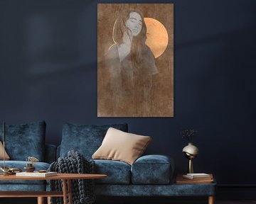 Nachtelijke stilte - Boho line art portret van een meisje voor een gouden maan