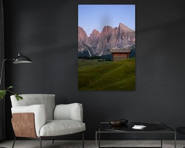 Een almhut voor de Sassolungo en Sasso Piatto pieken