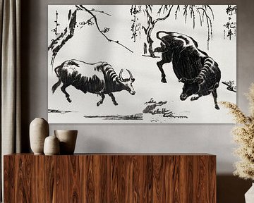 Zwei Ochsen vintage Holzschnitt . Japanische Kunst Ukiyo-e. Retro Japandi. von Dina Dankers