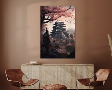 Samoerai | landschap met kasteel en bloesem bomen 1 van Digitale Schilderijen