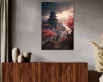 Samoerai | landschap met kasteel en bloesem bomen 2 van Digitale Schilderijen