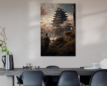 Samurai | landscape with castle and blossom trees 9 by Digitale Schilderijen