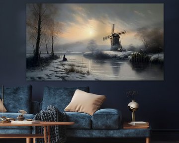 Dutch winter landscape painting with windmill by Preet Lambon