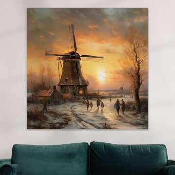 Dutch winter landscape painting with windmill by Preet Lambon